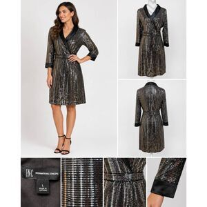 INC International Concepts Sequin Wrap Dress Black Silver L Knee Length